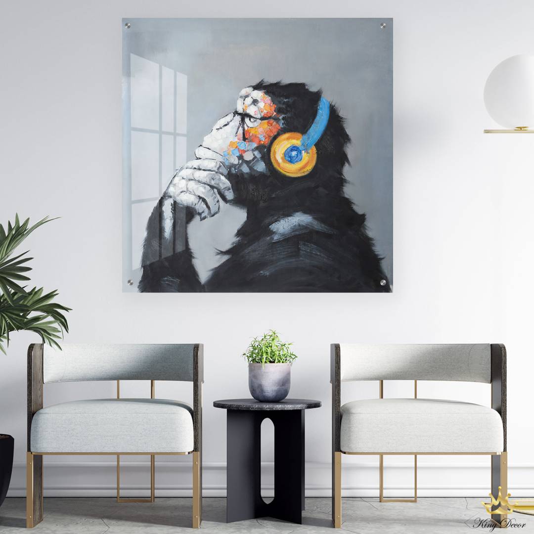 תמונת זכוכית / קנבס איור של קוף עם אוזניות לבית ולחדר השינה